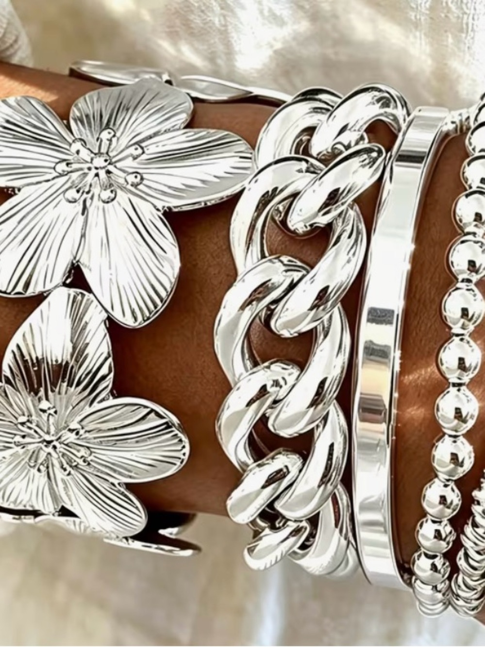 🩶 NEW 5 Bracelet Silver Flower Statement Bracelet Stack 🩶 - Picture 5 of 11